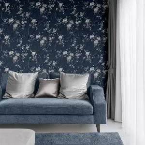 Muriva Blue Floral Mica effect Embossed Wallpaper