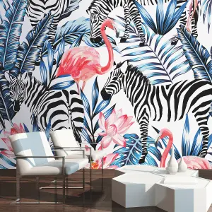 Origin Murals Zebra & Flamingo Animal Matt Smooth Paste the Wall Mural 300cm wide x 240cm high