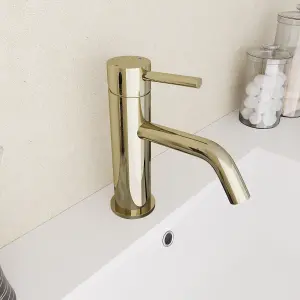 Nes Home Deck Mounted Gloss Round Single Lever Basin Mono Mixer Tap Gold + Slotted Brushed Brass Waste