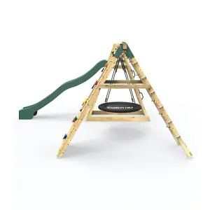 Rebo Wooden Pyramid Climbing Frame with Swings and 8.7ft Water Slide - Looking Glass