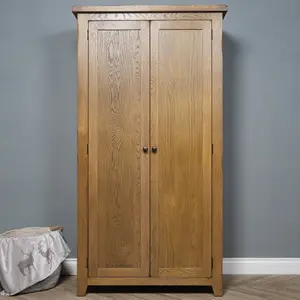 Elm Home And Garden Rustic Oak Wooden 2 Door Full Hanging Double Wardrobe 190cm High x 101cm Wide x 56cm Deep