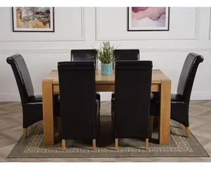 Kuba 150 x 85 cm Chunky Medium Oak Dining Table and 6 Chairs Dining Set with Montana Black Leather Chairs