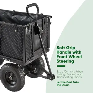 Garden TRAILER Deluxe High Sided Cart Pull Along Trolley 500kg Heavy Duty Black Utility Gardeners Wagon with Liner, Folding Sides