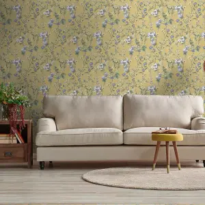 Floral Bird Trail Wallpaper Yellow Green Flower Trees Leaves Natural Botanical