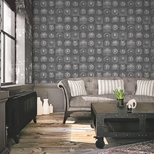 Galerie Nostalgie Silver Grey Industrial Tiles Smooth Wallpaper