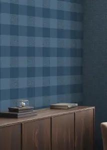 Muriva Blue Check Fabric effect Patterned Wallpaper