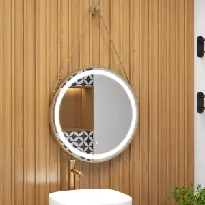 COSTWAY Hanging Bathroom Mirror 60 cm Round Wall Mirror w/ 3 Colors LED Light