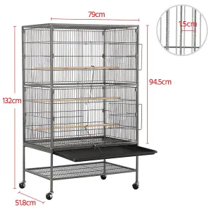 Yaheetech Black Metal Rolling Bird Cage with 3 Perches & 4 Feeders & Storage Shelf