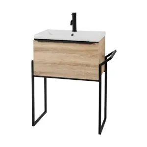 Bathroom 600mm Wall Mounted Drawer Unit, Ceramic Basin & Frame  Sonoma Oak - (Central) - Brassware Not Included