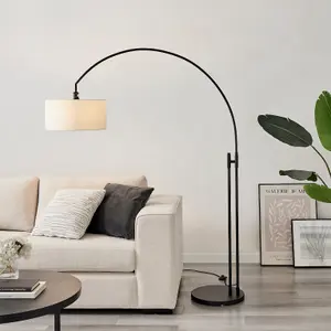 Furniturebox UK Lucinda Arc Floor Lamp with White Shade and a Matte Black Base