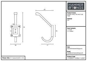 Hammer & Tongs - Window Back Hat & Coat Hook - W50mm x H110mm - Brass