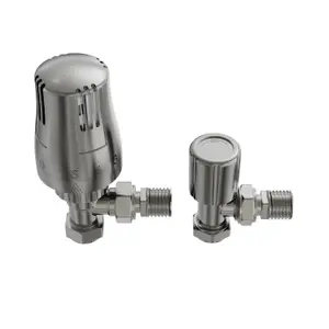 Right Radiators Satin Nickel Thermostatic Angled TRV & Lockshield Radiator Valves Set 1/2"x15mm