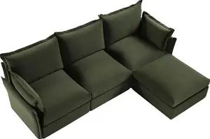 Byron Pillow Edge Moss Green Velvet Modular Sofa, 3-Seater Chaise - Daals - Sofas