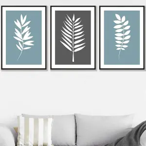 Set of 3 Blue Grey Graphical Leaves Wall Art Prints / 50x70cm / Black Frame