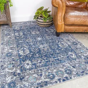 Navy Blue Grey Distressed Floral Medallion Bordered Area Rug 80x150cm