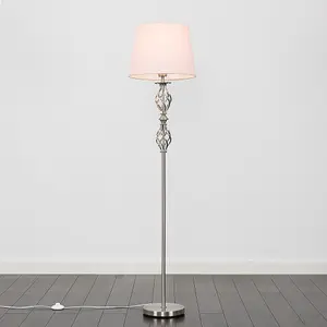 ValueLights Pembroke Traditional Style Brushed Chrome Double Twist Floor Lamp with Pink Shade