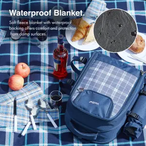 VonShef 4 Person Navy Tartan Picnic Backpack Hamper with Cooler Compartment, Includes Tableware & Fleece Picnic Blanket