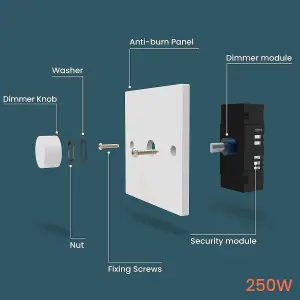 1 Gang 1 Way Dimmer Switch- Square Electric Soft Start Single Light Switch, Rotating Control For Dimmable Halogen & Incandescent B