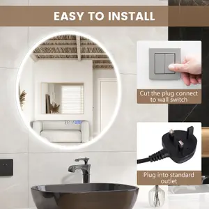 Costway 80 x 80cm LED Bathroom Mirror Wall Mounted Round Mirror with 3-Color Dimmable Lights