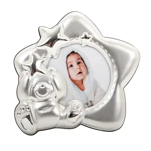 Star Shaped Silver Plated Baby Photo Frame with Teddy Bear and Decorative Stars