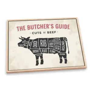 The Butcher's Cuts Guide Beef Beige CANVAS FLOATER FRAME Wall Art Print Picture Light Oak Frame (H)20cm x (W)30cm