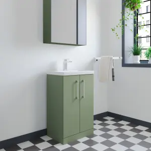 Compact Floor Standing 2 Door Vanity Basin Unit with Ceramic Basin - 500mm - Satin Green