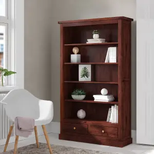 Rajwada Dark Mango Wood 5 Shelf And 2 Drawers Large Bookcase