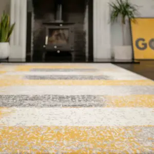 Yellow Ochre Grey Distressed Striped Block Living Room Rug 120x170cm