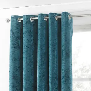 Paoletti Teal Verona Crushed Velvet Eyelet Curtain Pair (W) 168cm x (L) 229cm