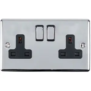 3 PACK 2 Gang Double UK Plug Socket POLISHED CHROME 13A Switched Black Trim