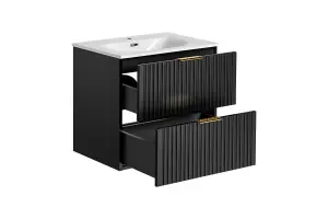 Bathroom Vanity Unit with Basin Black 600mm Drawer Cabinet with Sink Ribbed Textured Wall Hung Adel