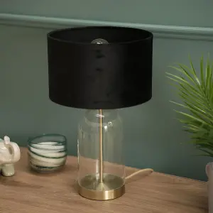 ValueLights Jessy Glass and Gold Metal Bedside Table Lamp with a Black Velvet Lampshade