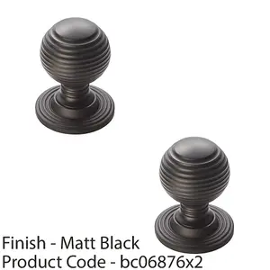 2 PACK - Reeded Ball Door Knob - 28mm Matt Black Lined Cupboard Pull Handle & Rose