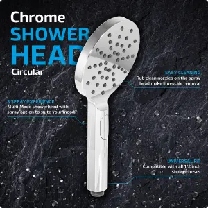 SPARES2GO Shower Head Round Chrome 1/2inch 3 Mode Spray Large Showerhead