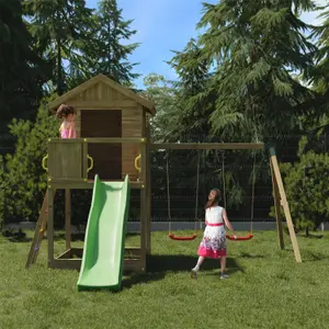 Galaxy play equipment with double swings, slide and raised playhouse