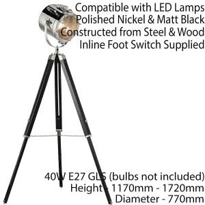 Industrial Tripod Floor Lamp Matt Black E27 Theatre Spot Light Standing Height