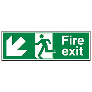 FIRE EXIT Safety Sign Arrow Down Left - GitD Rigid Plastic - 300x100mm