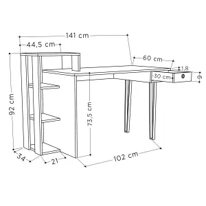 Decortie Loyd Modern Study Desk Large Workspace Built-in Bookshelves Drawer Dark Coffee Mocha Grey Width 141cm