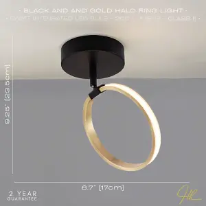 Modern Fully Adjustable Gold Ring LED Ceiling or Wall Light with Mat Black Base