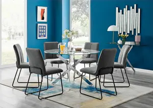 Furniturebox UK Novara 120cm Round Glass Dining Table & 6 Dark Grey Halle Chairs