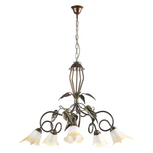 Luminosa Miranda 5 Light Multi Arm Pendant Ceiling Light, Antique Gold, Glass Shades