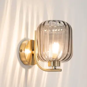 ValueLights Amelie Gold Curved Bar Wall Light with Smoked Ribbed Glass Shade - LED Bulb Included