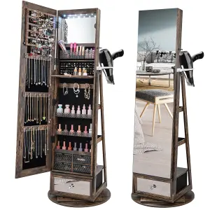 Costway Floor Standing Swivel Jewelry Cabinet Lockable Jewelry Armoire w/ Full-Length Mirror &Lights