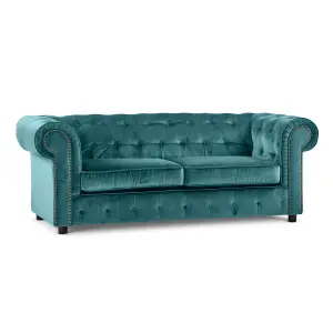 Ashbourne Chesterfield Large Teal Velvet Fabric 3 Seater Sofa Studded Design