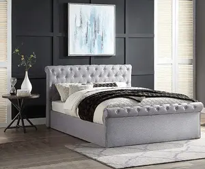 King Size Grey Upholstered Side Lift Ottoman Sleigh Bed With Mattress