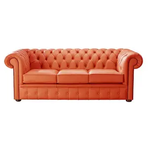 Chesterfield 3 Seater Shelly Flamenco Orange Real Leather Sofa Bespoke In Classic Style