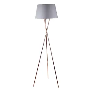 First Choice Lighting Copper Tripod Floor Lamp with Grey Fabric Shade