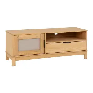 Corona Rattan 1 Door 1 Drawer TV Unit in Distressed Wax Pine and Rattan Effect