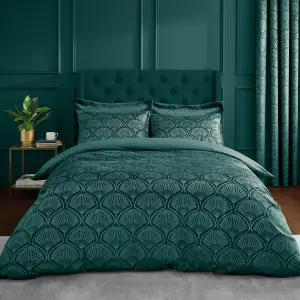 Catherine Lansfield Bedding Art Deco Pearl Embellished Duvet Cover Set with Pillowcases Teal Green