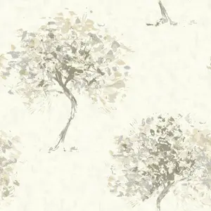 Beige Tree Wallpaper Hand Painted Effect Silver Metallic Shimmer Beacon Fell